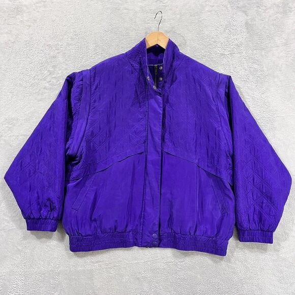 VTG LAVON Bomber Jacket‎ Womens L Silk Convertible to Vest Purple Y2K - Picture 1 of 9